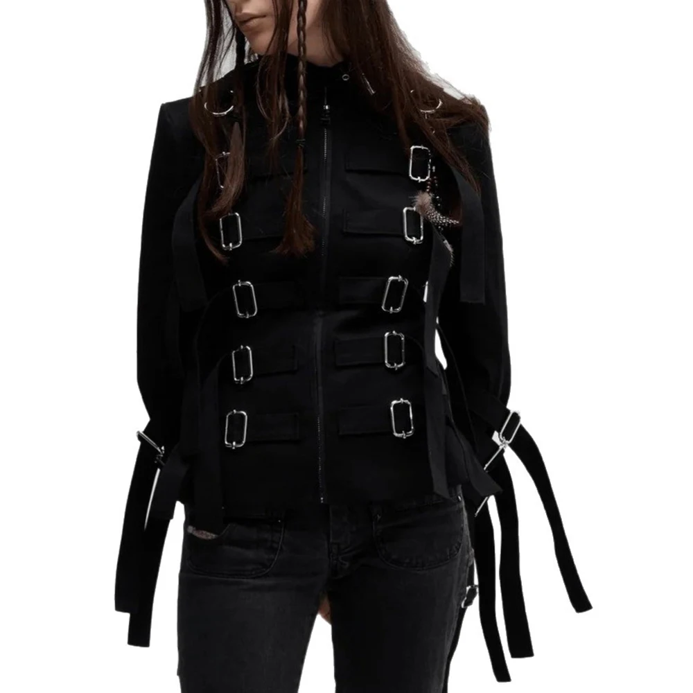 Herbst- und Winterjacke im neuen Gothic-Stil mit Metallschnallen-Design, Y2K, dunkel, schmal geschnitten – Detail 2
