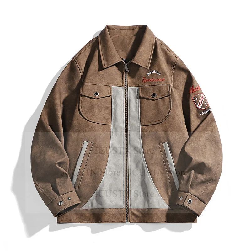 

Men's American Loose Fit Leather Jacket Spring Autumn New Splicing Embroidery PU Coat Retro Overcoat Men Leather Jacket