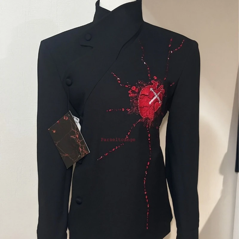 2026 New Gothic Punk Y2K Harajuku Women Heart Embroidery Rhinestone Blazer, Backless Slim Side Button Dark Style Suit Jacket
