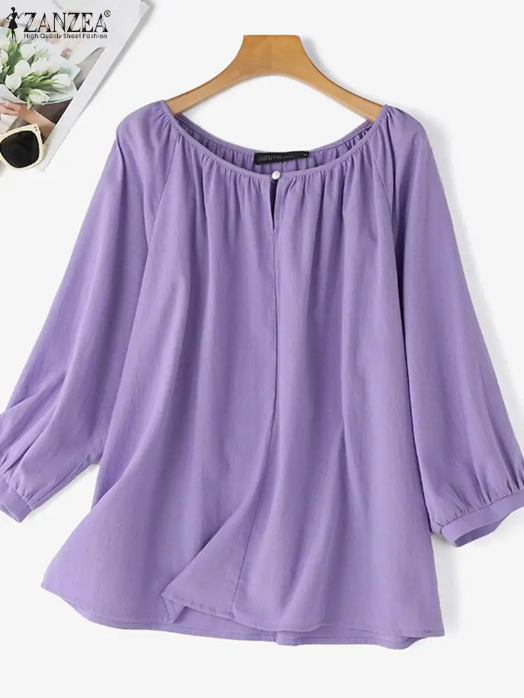 ZANZEA Casual Loose Cotton Blouses Autumn 2024 Women Elegant 3/4 Puff Sleeve O Neck Blusas Mujer Holiday Daily Solid Shirt Tops