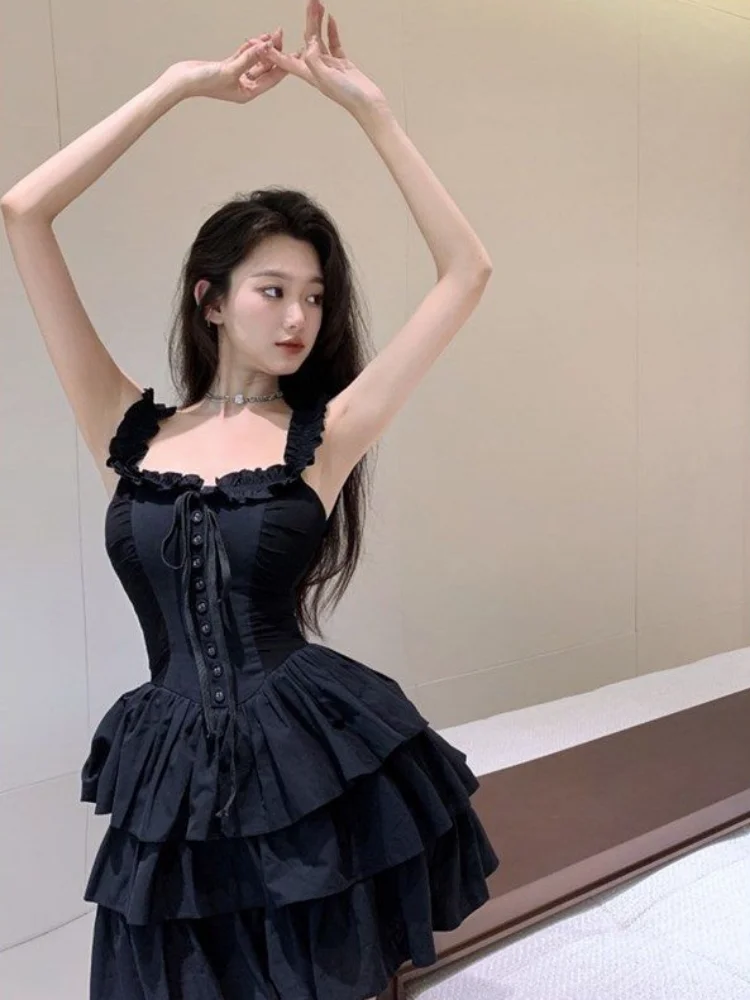 QWEEK Gothic Goth Harajuku Sexy Slip Dress Ruffles Y2k Streetwear Dark Punk Cake Dresses Party Korean Fashion 2023 Summer