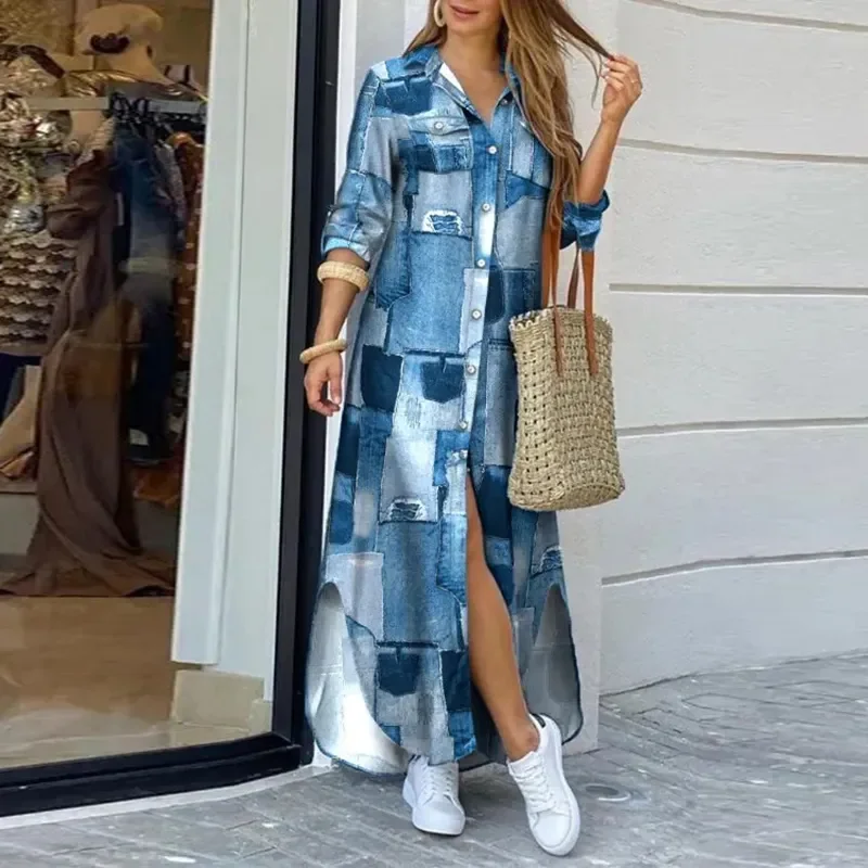 Modna koszula sukienka kobiety z długim kołnierzem guzik na rękawie długie sukienki dla kobiet nadruk w stylu Vintage sukienki Maxi Sundress 2023