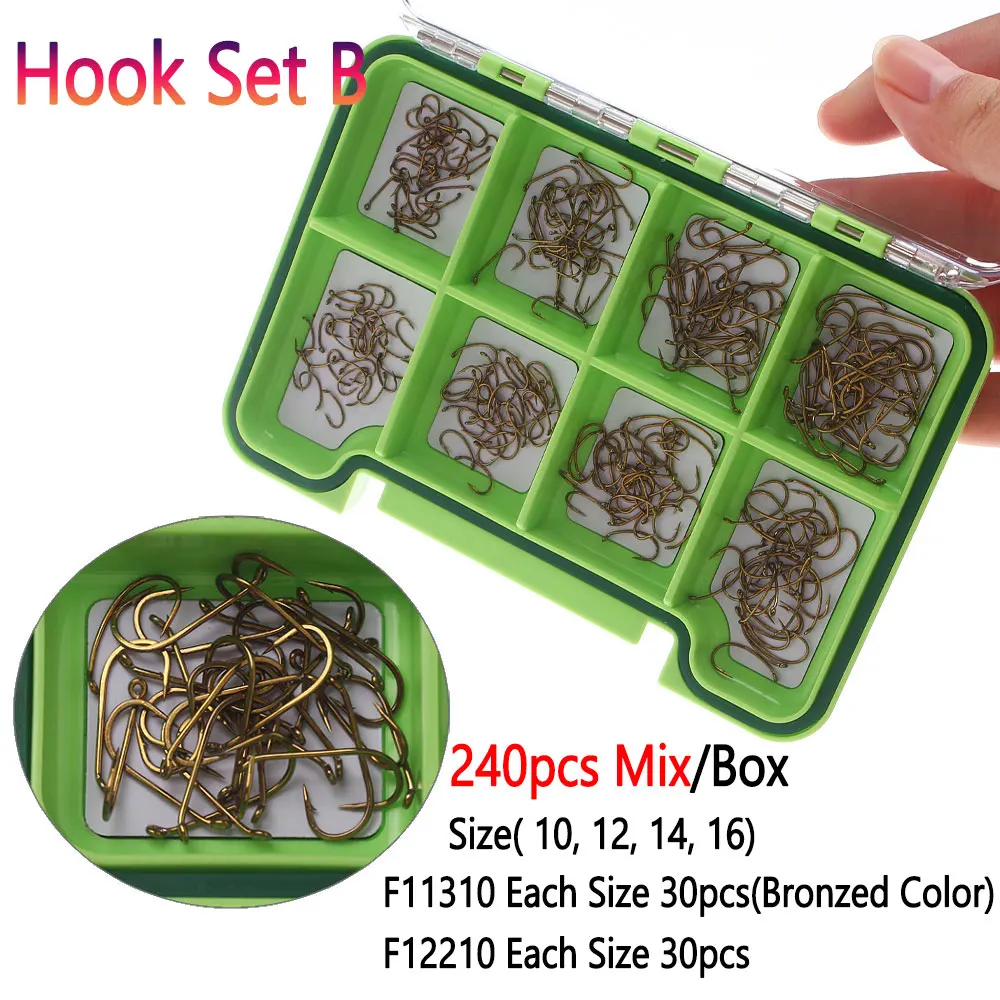 Bimoo 240 Stück/Box Widerhaken Standard Trockenfliegen-Haken Gebogener Nymphen-Caddy-Pupa-Midge-Emerger-Fliegenhaken Garnelen-Forellen-Angelköder – Detail 8