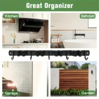 1 Heavy-Duty Metal Tool Rack with 4 Slots and 5 Hooks - Wall-Mounted Storage for Garden Tools, Brooms, Mops, and Garage Equipment, Tool Rack Storage, Black - Image 5