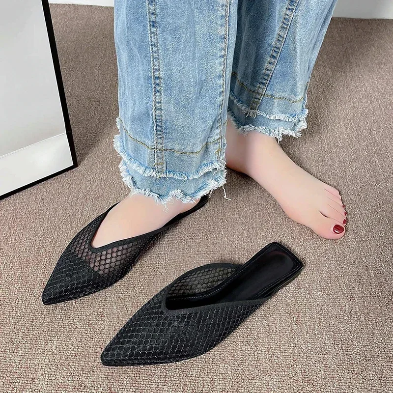 2024 Shoes Female Mesh Closed Toe Women's Slippers Concise Dress Slippers Women Pointed Toe Flat with Soft Bottom Shoes Women