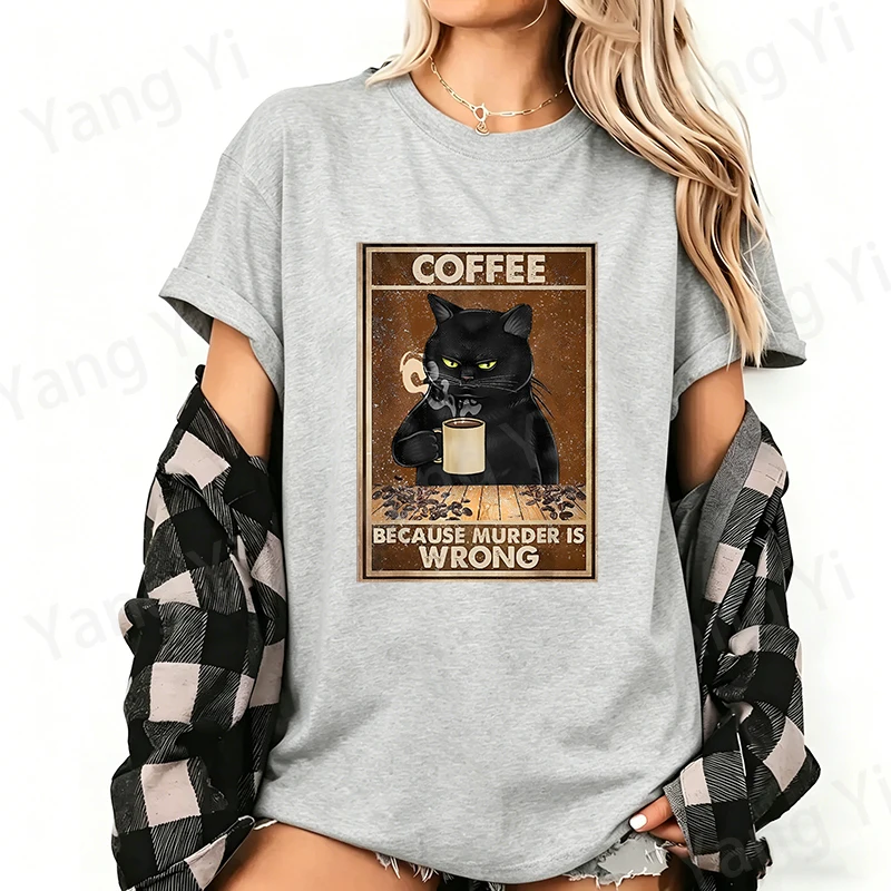 Fashion Black Cat Holding a Coffee Cup Print Cotton T-Shirt Casual Short Sleeve BECAUSE MURDER IS WRONG Graphic Men Women Tees