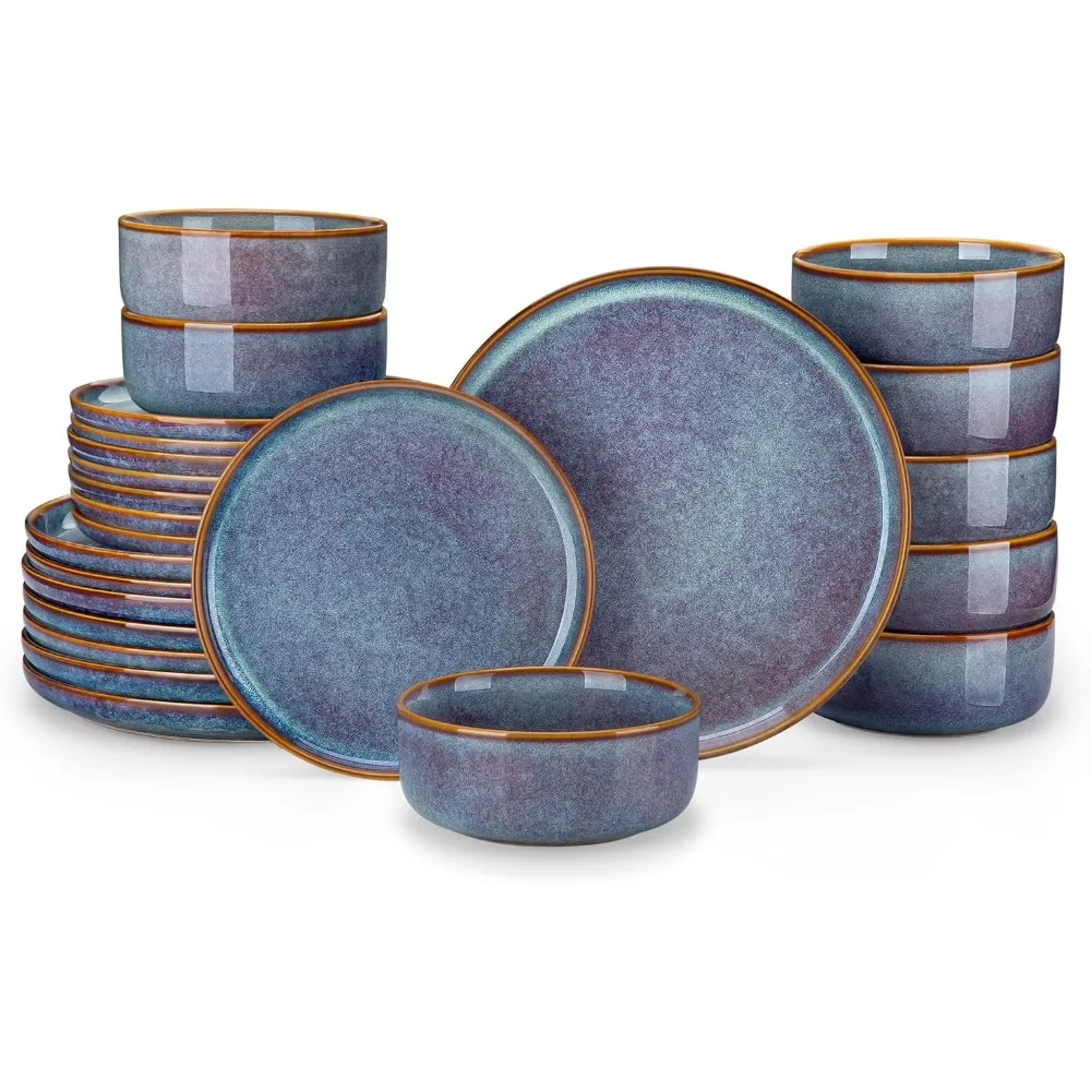 

Plates And Bowls Sets, 24 Pieces Grey-blue Dinnerware Sets For Kitchen, Reactive Glaze Dishes Set For 8,