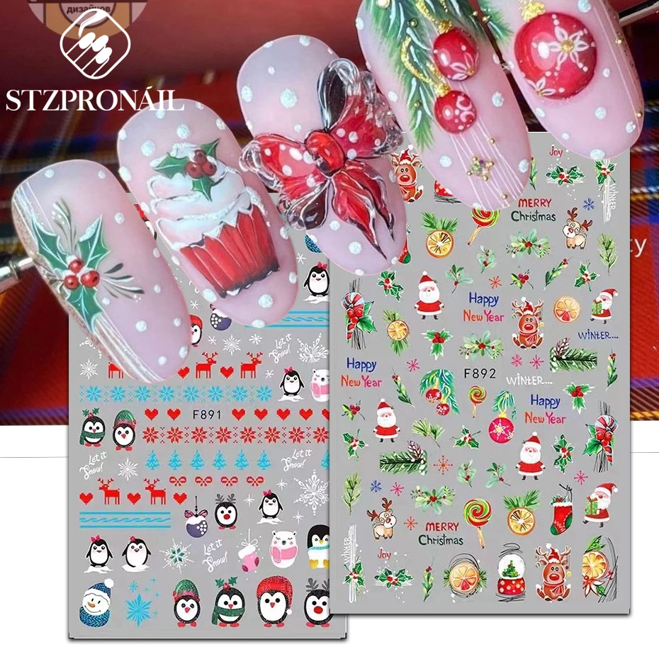 3D Valentine Nail Sticker Decal Cartoon Summer Snowflake Holly Santa Claus Bird New Year Nail Design Decoration Manicures SLF892