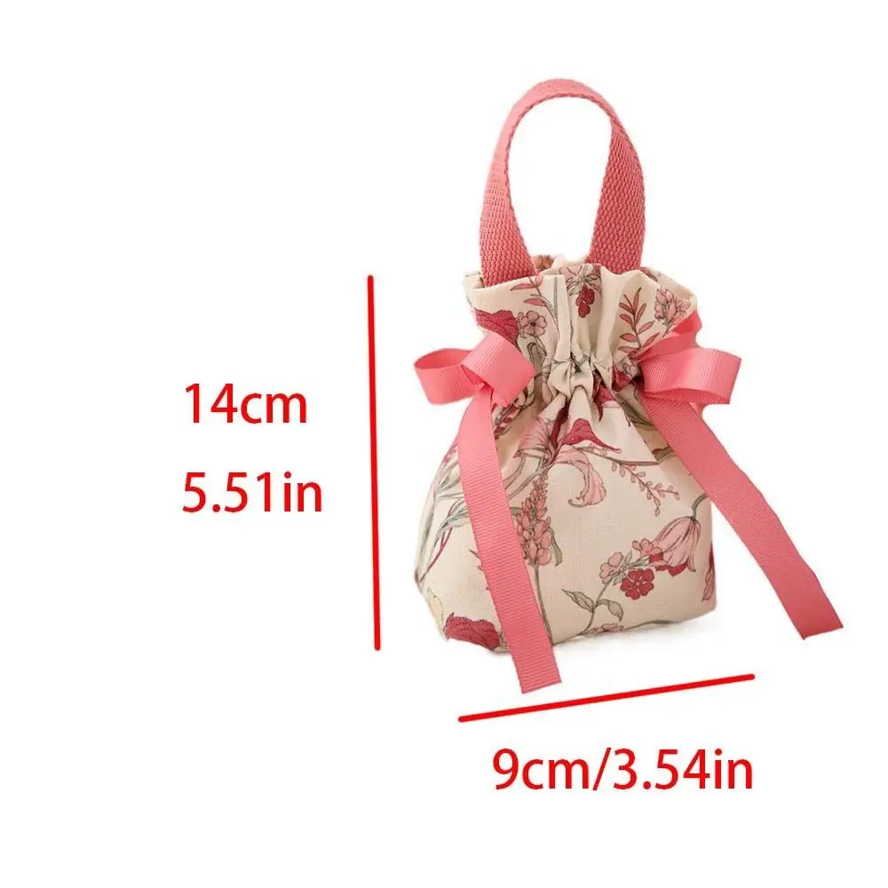 Tope Handle Canvas Drawstring Bag Floral Korean Style Bowknot Handbag Jewerly Packing Bag Coin Purse Wallet Flower Wrist Bag