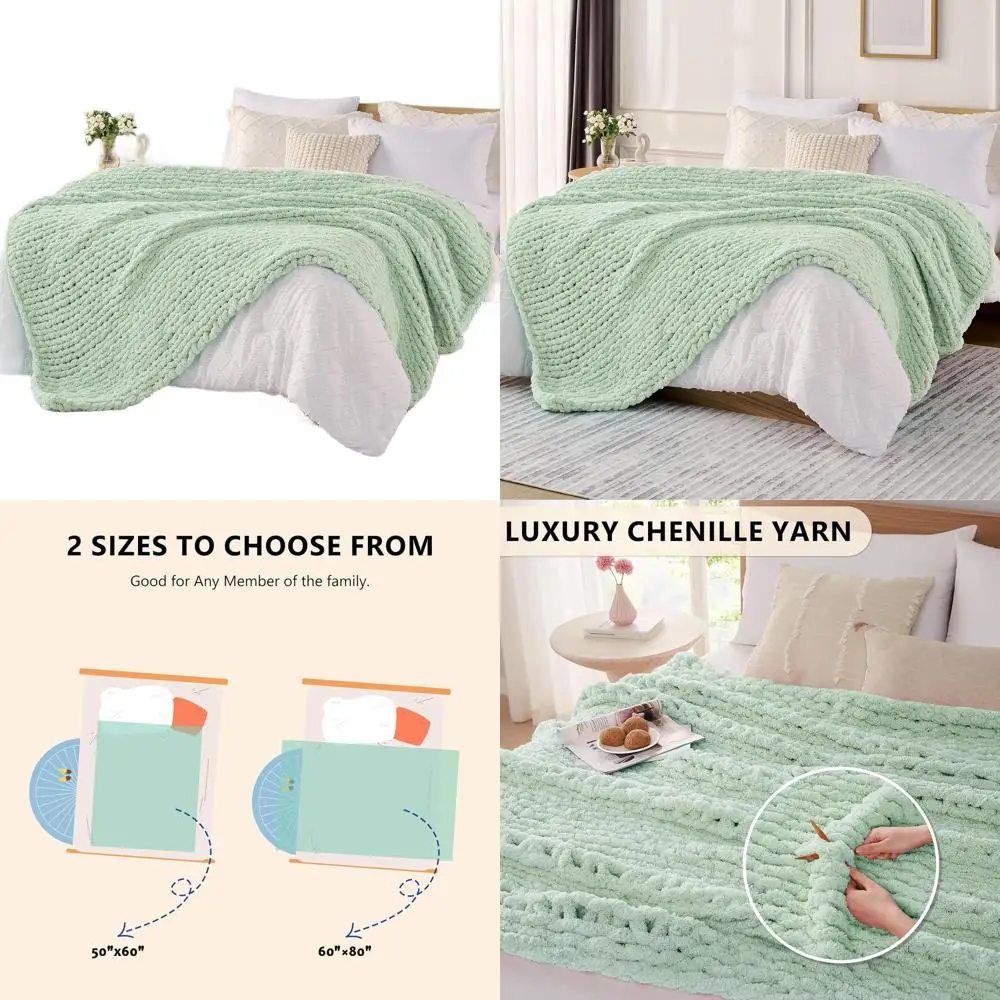 

60x80 Large Handcrafted Cable Knit Chenille Throw Blanket in Milky Green for Cozy Home Decor