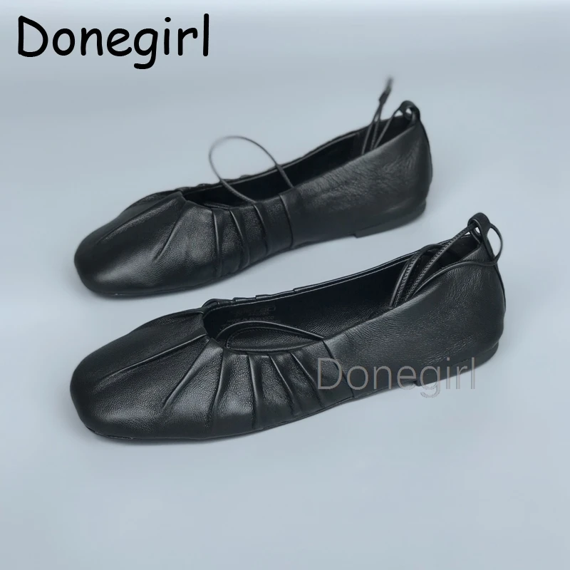 

Donegirl Genuine Leather Ballet Shoes Casual And Comfortable Slip-On Loafers Women French Flat With Lace Up Soft Flat