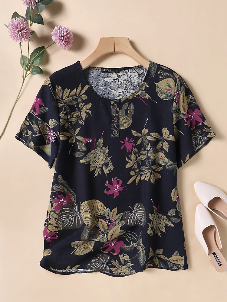 ZANZEA 2023 Sommer Frauen Baumwolle Hemd Fashion Floral Bedruckte Tops Kaftan Chemise Kurzarm Blusen Kausalen Oansatz Tunika Blusas
