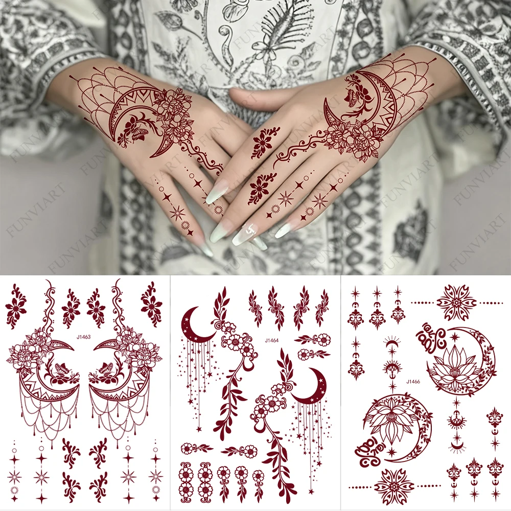 

Водостойкие татуировки хной с лунным узором, наклейки, одноразовые татуировки рук хной для женщин, поддельные татуировки Менди для фестиваля, одежды для тела