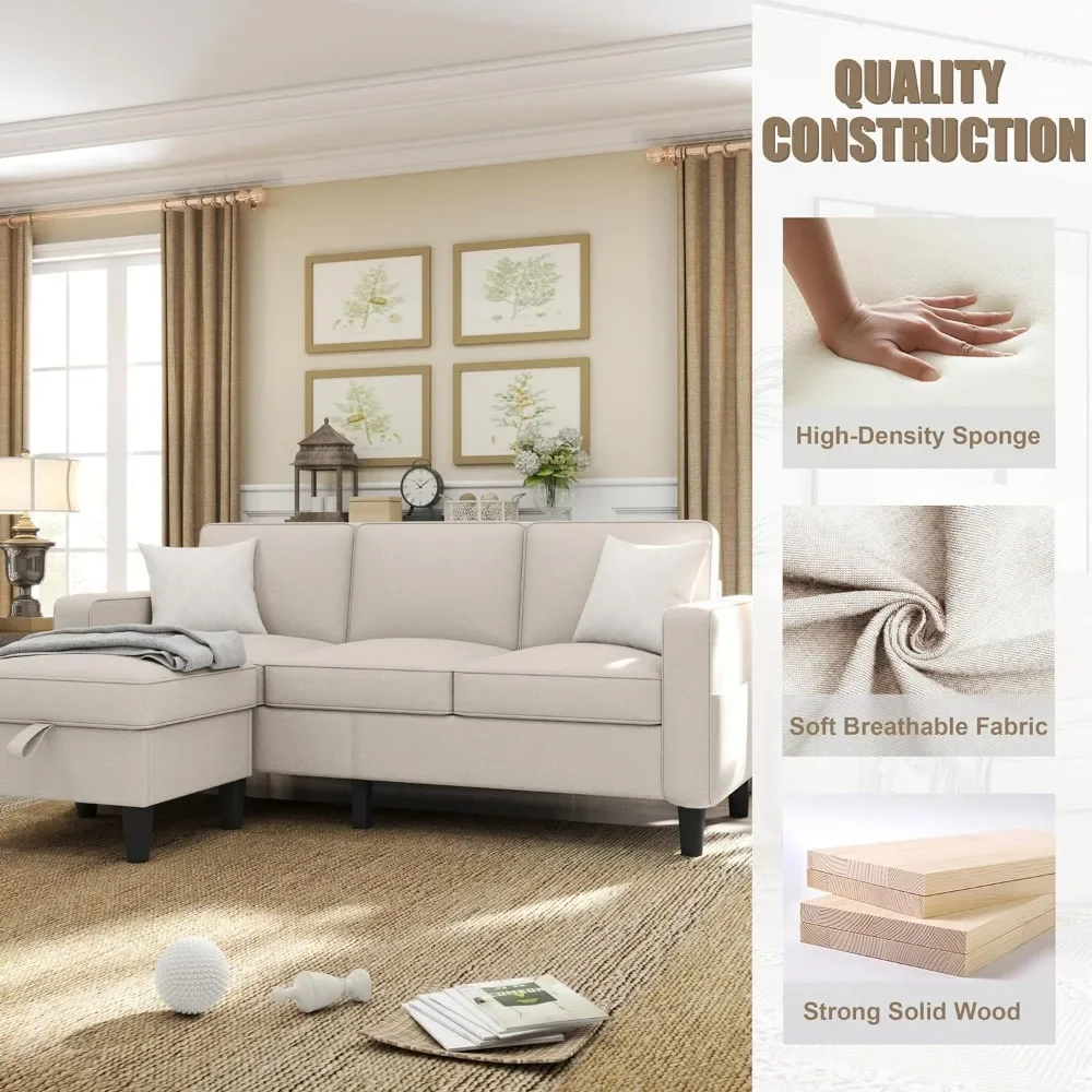 Sofá seccional convertible, moderno tapizado en tela de lino beige, sofá en forma de L de 3 asientos, conjunto de muebles T