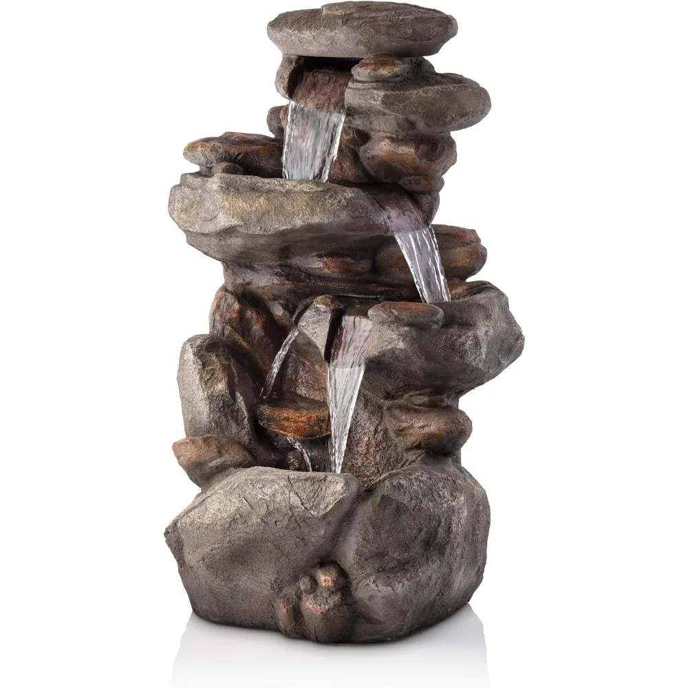 Garden Supplies Light Gray 4-Tiered Outdoor Floor Rock Water Fountain for Garden or Patio With Natural Stone Look Decor for Yard