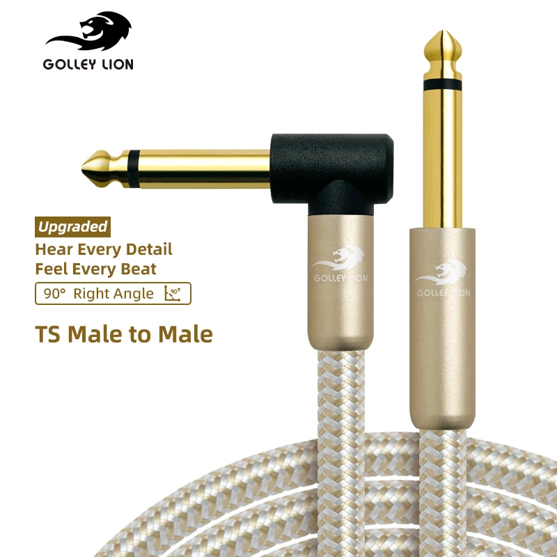 GOLLEY LION Guitar Cable Electric Instrument Bass AMP Cord for Electric Mandolin, Pro Audio (Right Angle to Straight, Gold)