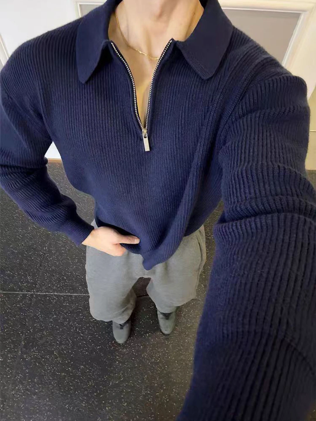 

Cleanfit Men's Knitted irt Semi-Zipper Collared Sweater Fitn Base Layer Autumn Wear Casual Luxury Sle Regular Fit