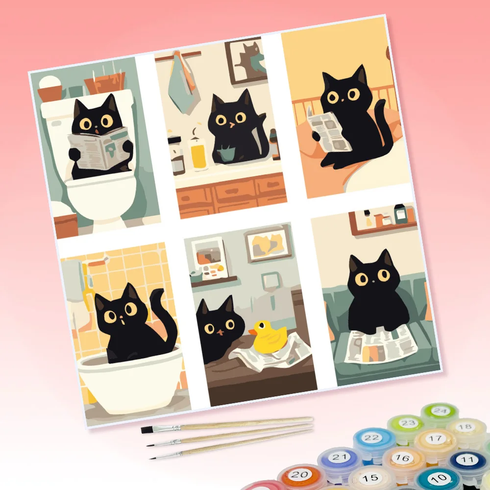 6 Stücke von DIY-Malbildern mit anthropomorphen Katzen, die Zeitungen lesen und trinken, geeignet für die Wanddekoration zu Hause. – Detail 1