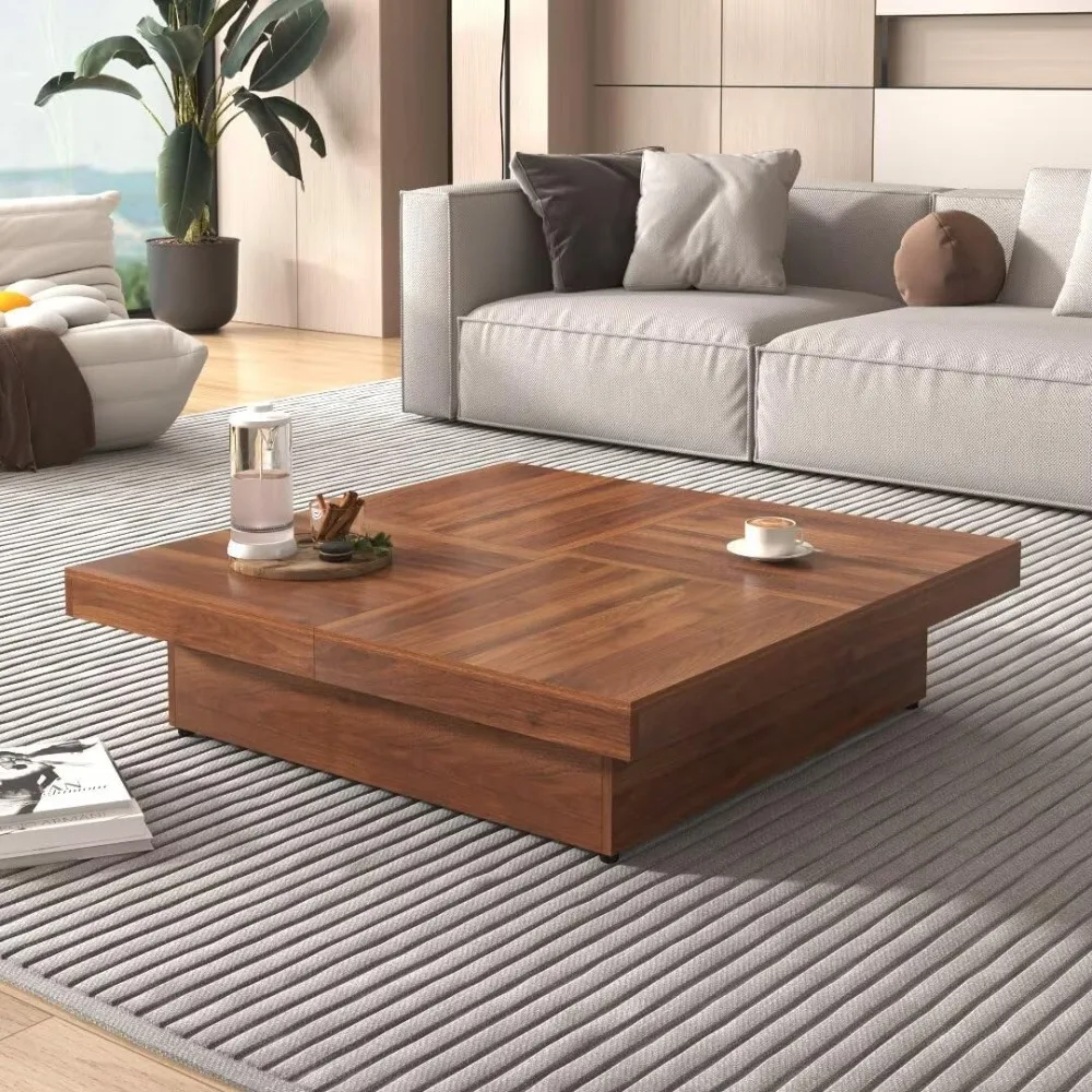 

Square Marble Veneer Coffee Table Sliding Top with Storage in Walnut 39.4'', Suitable for Living Room