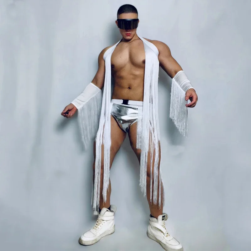 Men Sexy Pole Dance Clothing Gogo Costume White Long Fringes Vest Laser Shorts Nightclub Bar Dj Ds Stage Rave Outfit XS5445