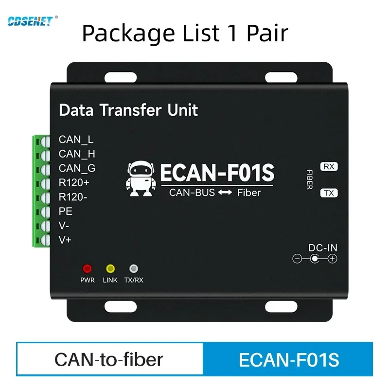 1Pair CAN To Fiber Optic Wireless Transceiver 20KM CANBUS CDSENET ECAN-F01S High Speed Data Conversion Baud Rate 5k-1M