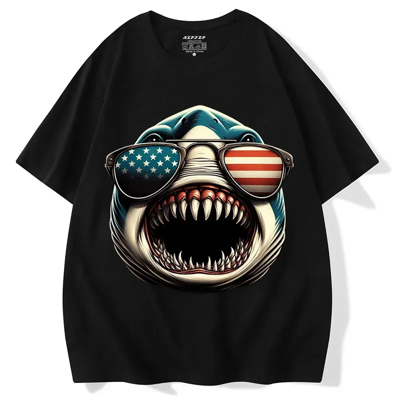 Cool Brand Large Size Loose Fit Shark Head Pattern T-shirt Funny Teeth Cartoon American Casual Printed Short Sleeve Shirt