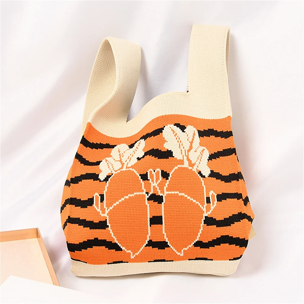 Summer Knitted Bag Women Leisure Wrist Bag Cute Colorful Carrot Panda Cat Print Handbag Student Tote Bag Lightweight Purse