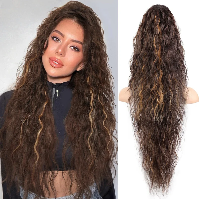 Women's Ponytail Water Wave Long Curly Hair Corn Perm Clip-in Ponytail 30 inch 200g/Pcs Wavy Hair Extensions Claw Clip Ponytail