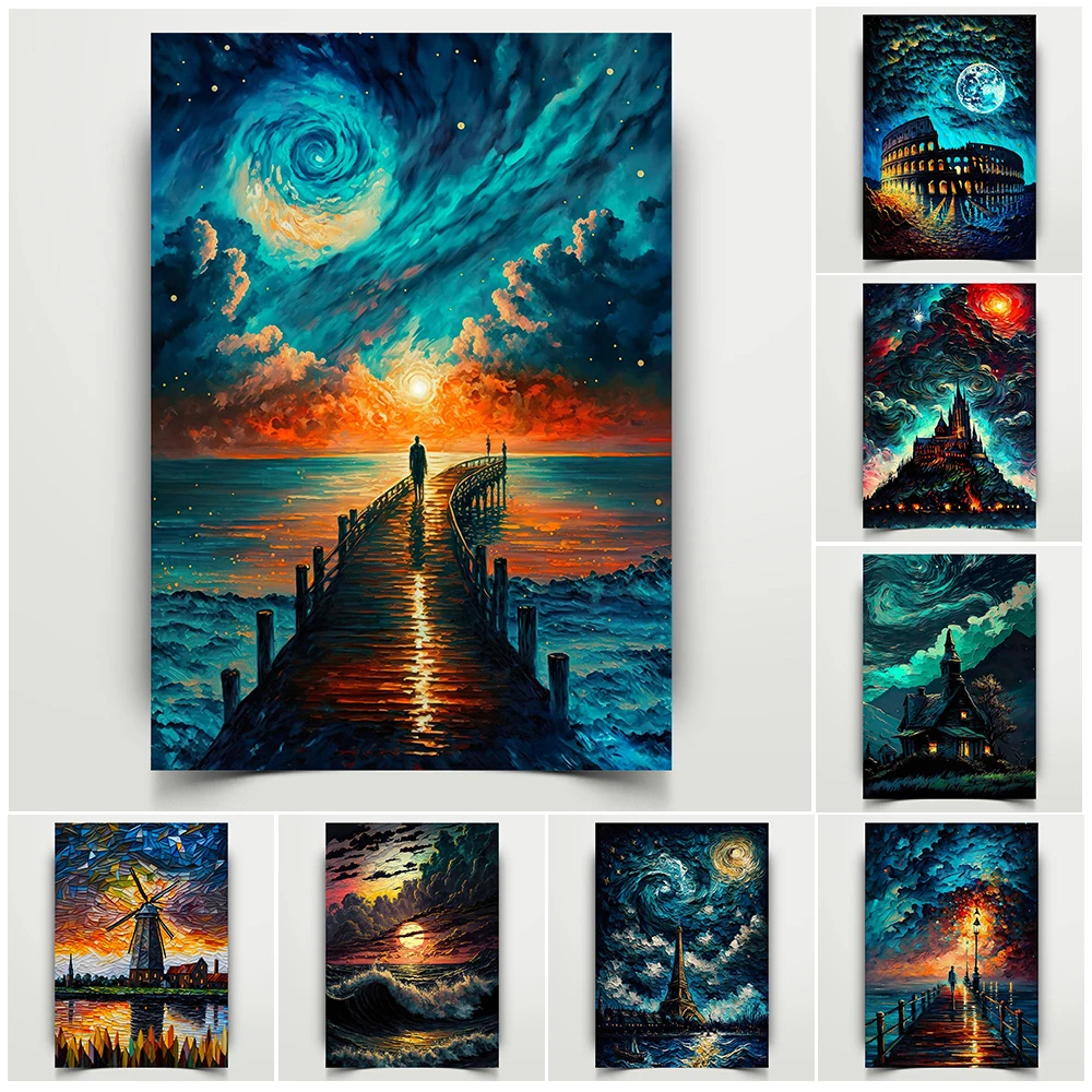 منظر مدينة سياحي لوحة زيتية طباعة ملصق ، كولوسيوم روما ، قلعة الخيال ، برج إيفل ، الأهرامات ، ديكور فن الطباعة على الحائط