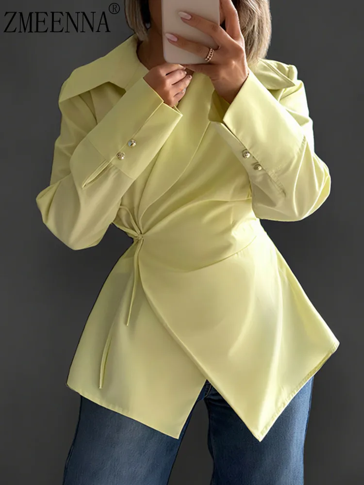 

ZMEENNA Women's Asymmetric Wrap Blouse Tie Waist Top Casual Shirt With Long Sleeves V Neck Solid Color Tunic ZM3941