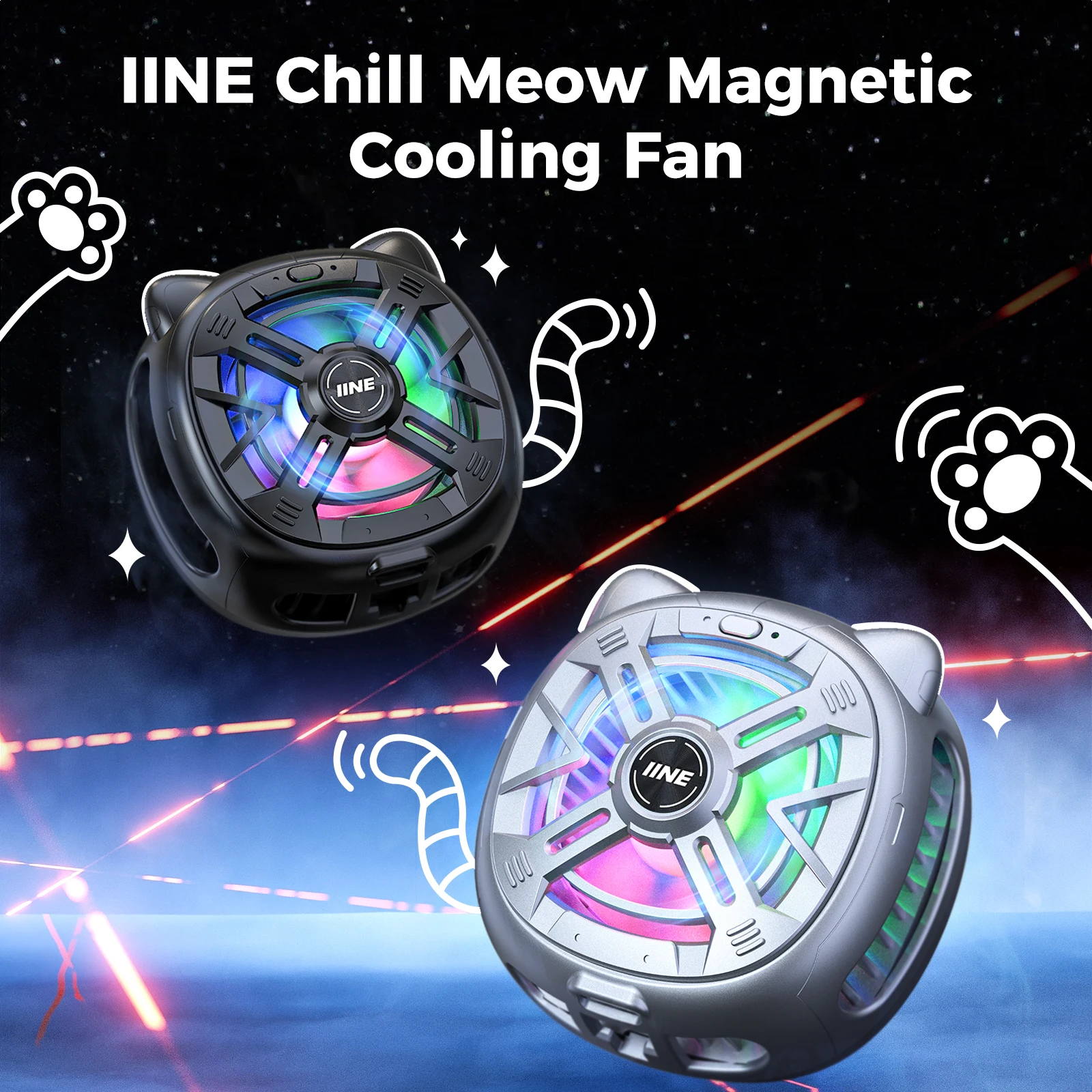 مروحة تبريد مغناطيسية IINE Chill Meow / تركيب مغناطيسي مدمج وخفيف الوزن / إضاءة RGB نابضة بالحياة