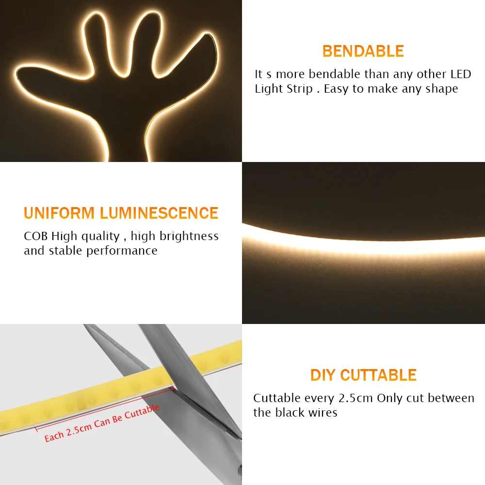 COB LED Strip Ultra Thin 3mm Width FOB Lights Bar 384LEDs/m CRI90 High Density LED Tape DC12V 24V Flexible Ribbon Liner Lighting