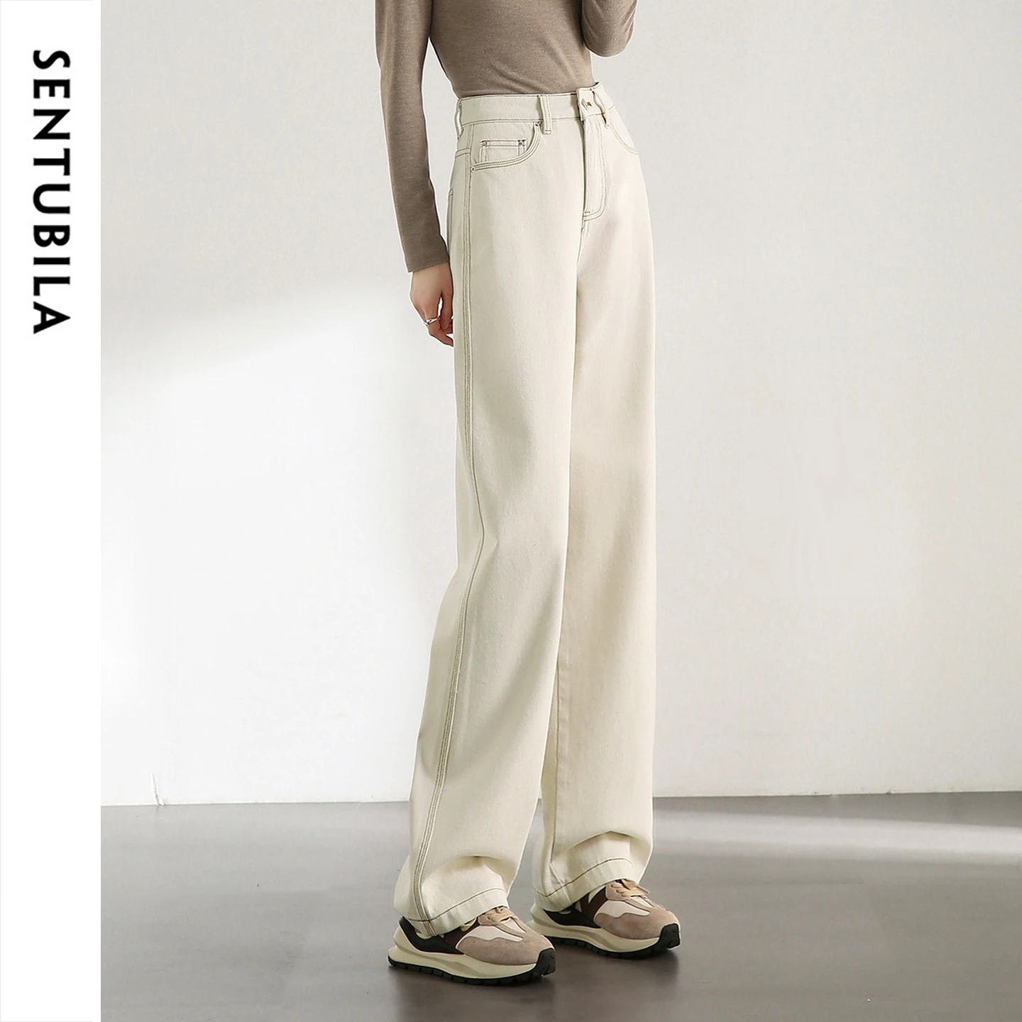 SENTUBILA Women Elegant Jeans 2026 Autumn 100% Cotton High Waist Wide Leg Straight Denim Versatile Commute Trousers W33N50870