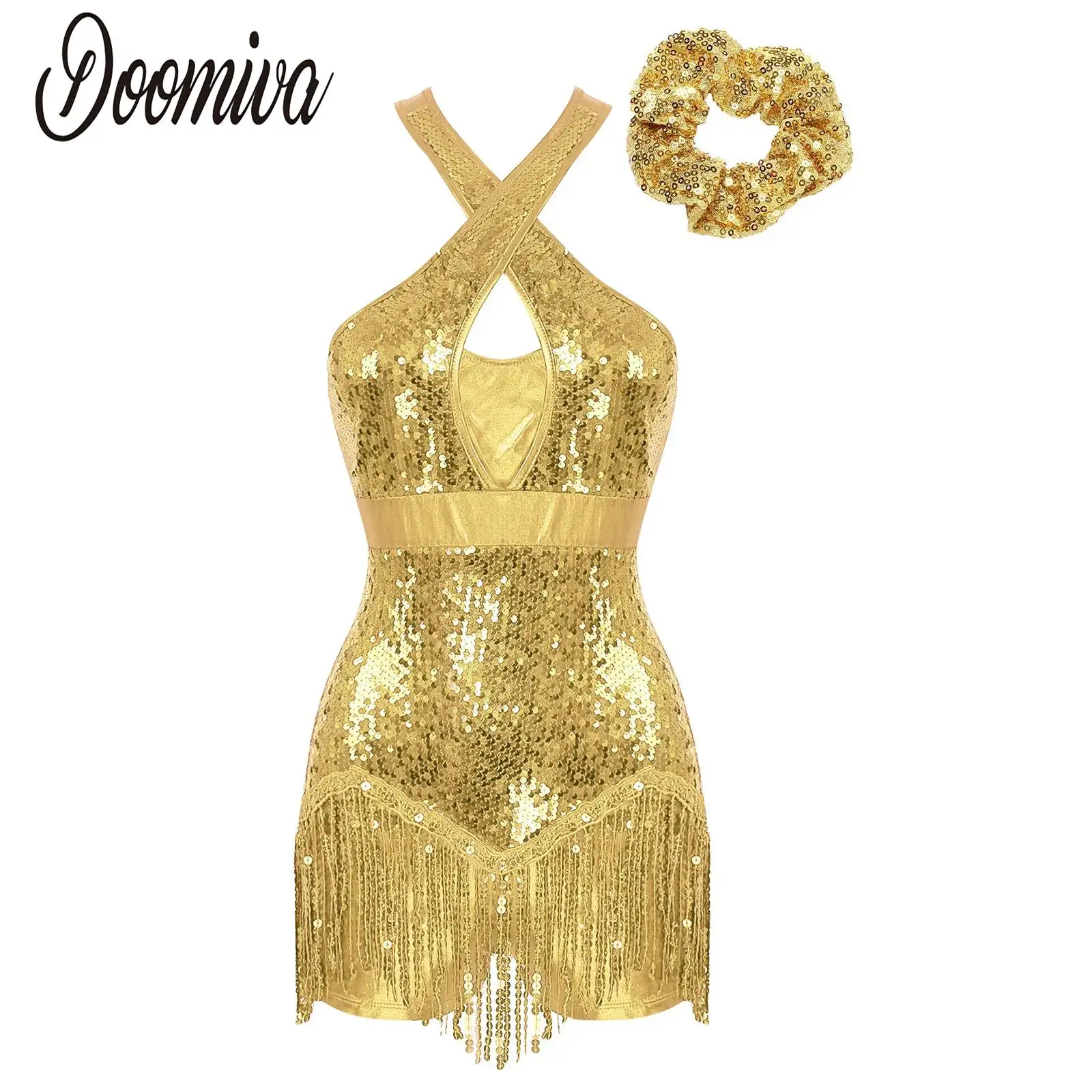 

Women's Sparkly Jazz Dance Costume Sequins Tassels Latin Ballroom Tango Dance Leotard Dress and Headwear Performance Dancewear