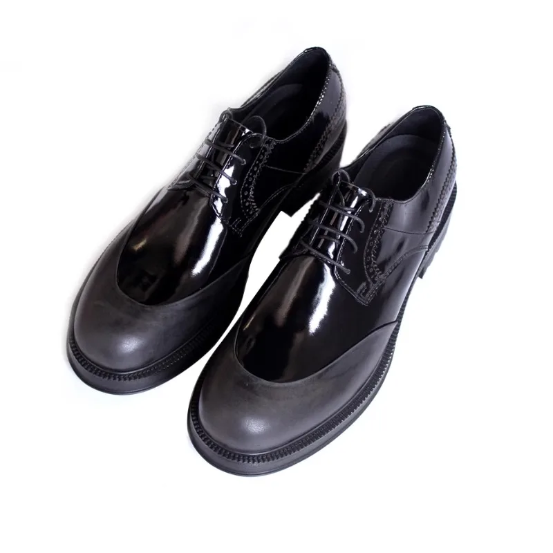 Vintage Genuine Leather Derby Shoes Men Glossy Patent Upper Brogue Edge Stitching Lace Up  Daily Wedding Formal Dress Footwear