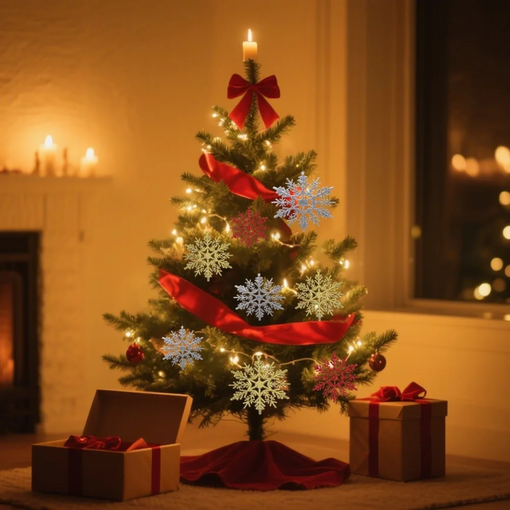 12 قطعة من حلي ندفة الثلج لعيد الميلاد، رقائق الثلج البلاستيكية اللامعة، قلادة شجرة عيد الميلاد، رقاقات الثلج لشجرة عيد الميلاد