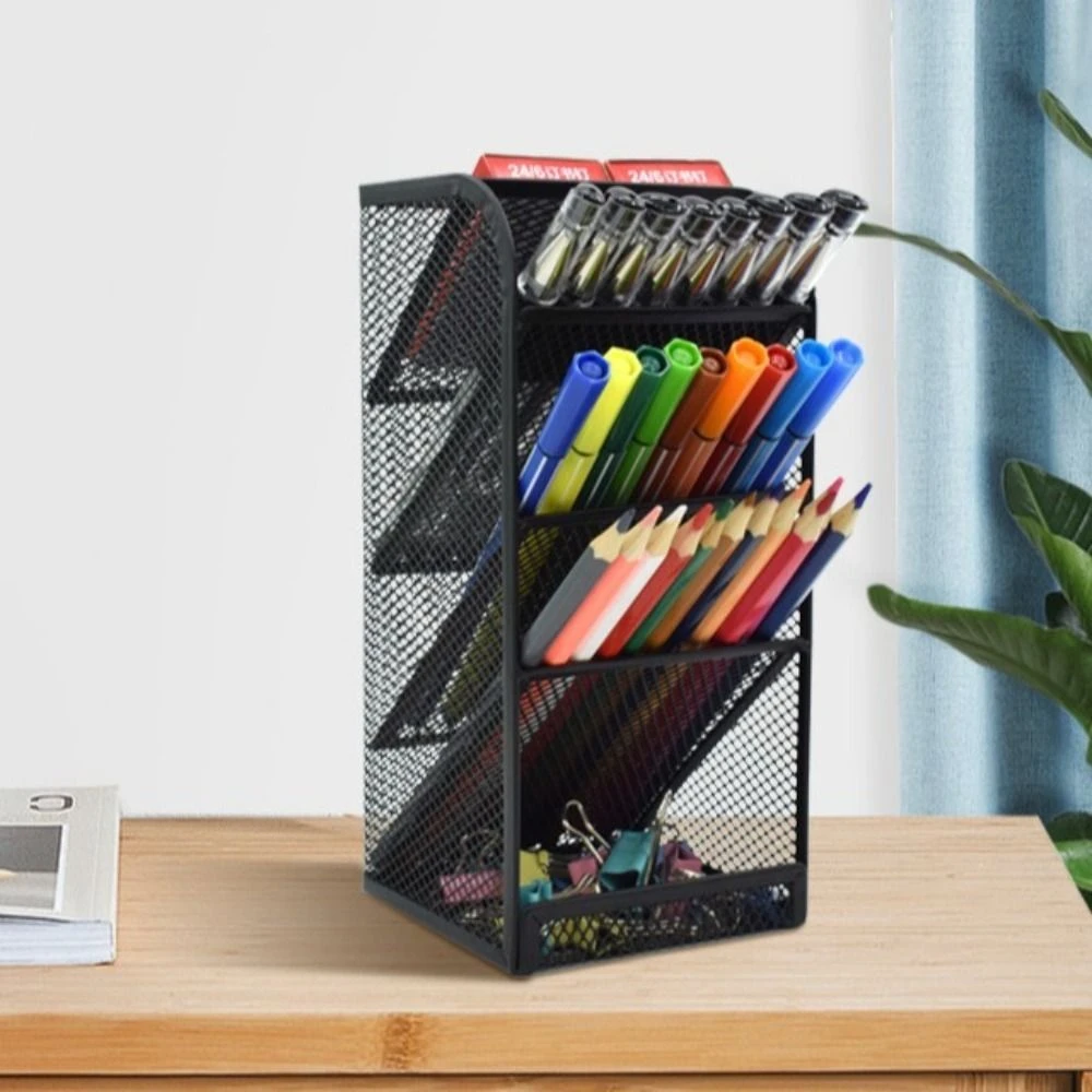 Mesh Pencil Pen Holder 5 Slots Oblique Insertion Type Stationery Storage Box Durable Multi-Functional Makeup Brushes Organizer