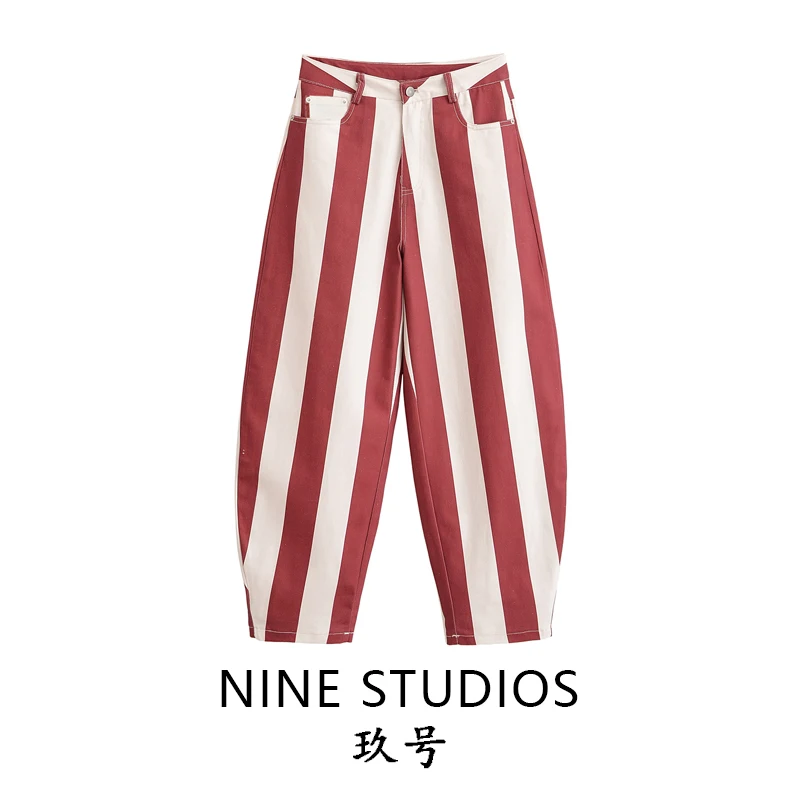 

High Waist Casual Striped Cone Shaped Jeans Long Pants Elegant Lady's Jeans Cotton Fabric Button Closure Winter Collection