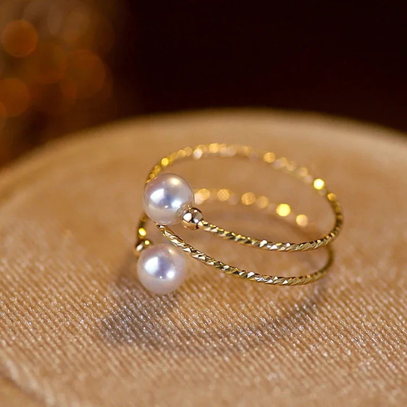 

Real 18K Gold Ring Simple Natural Freshwater Pearl Pure AU750 Adjustable Elastic Ring For Women Fine Jewelry Gift RI003
