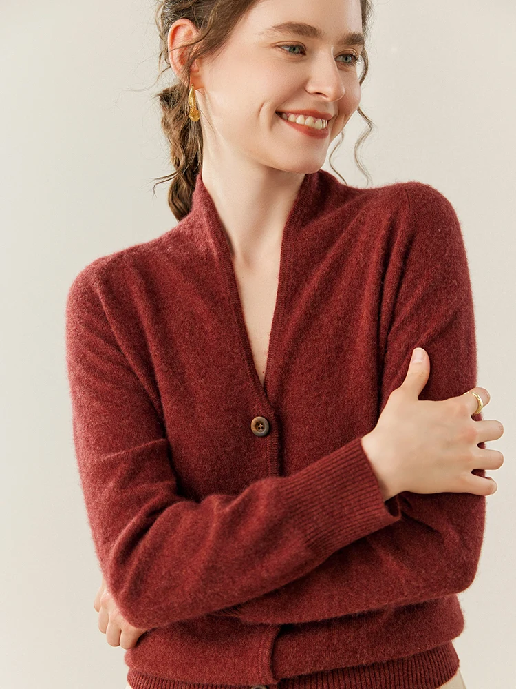 MEETCC المرأة Fashion100% سترة الكشمير المعنقة سترة الخامس الرقبة حماية حافة ملزمة معطف الخريف الشتاء لينة الدافئة تريكو القمم #1