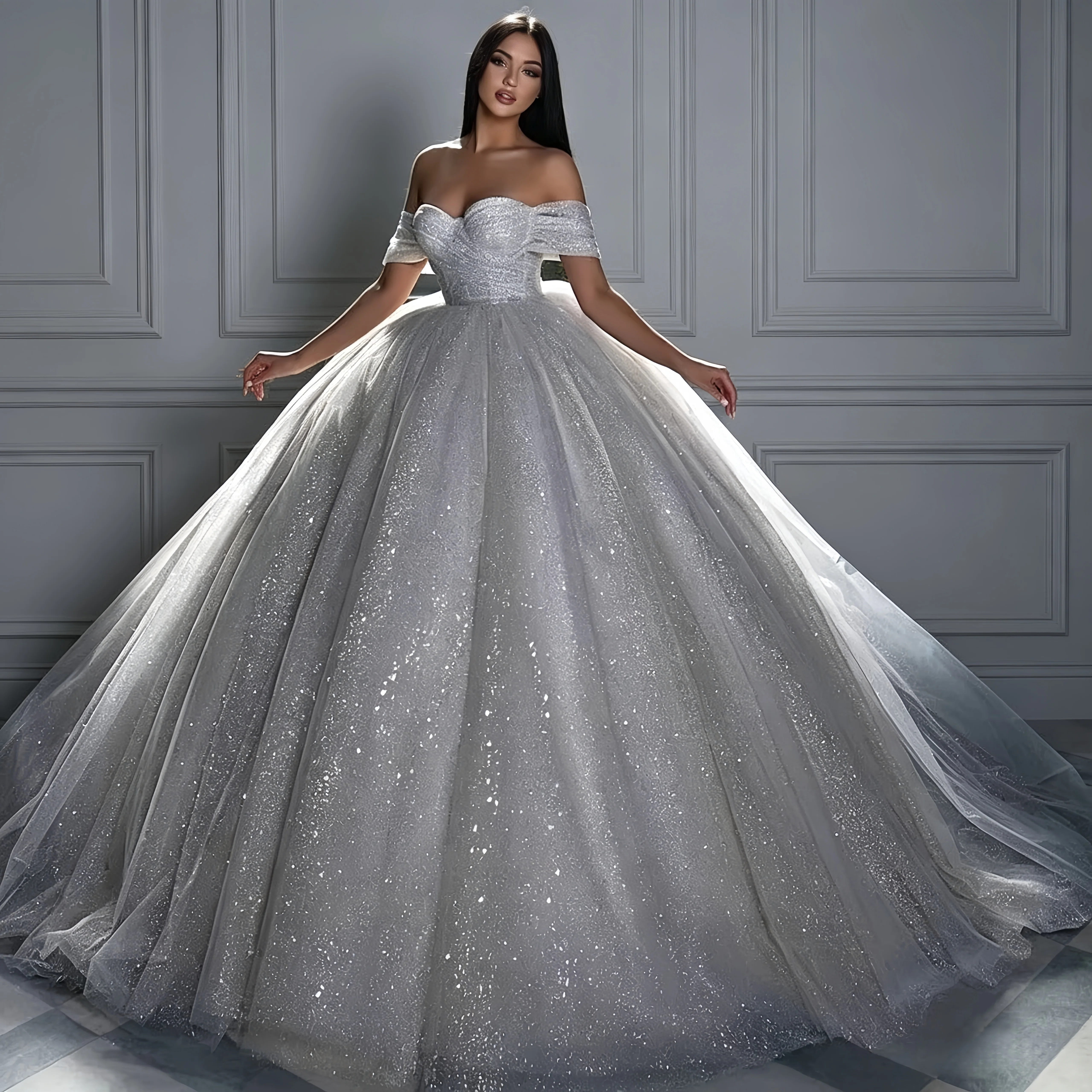 Sparkly Off Shoulder Sweetheart Wedding Dress All Over Silver Glitter Tulle Huge Ball Gown Train Luxury Bridal Ballgown Customiz