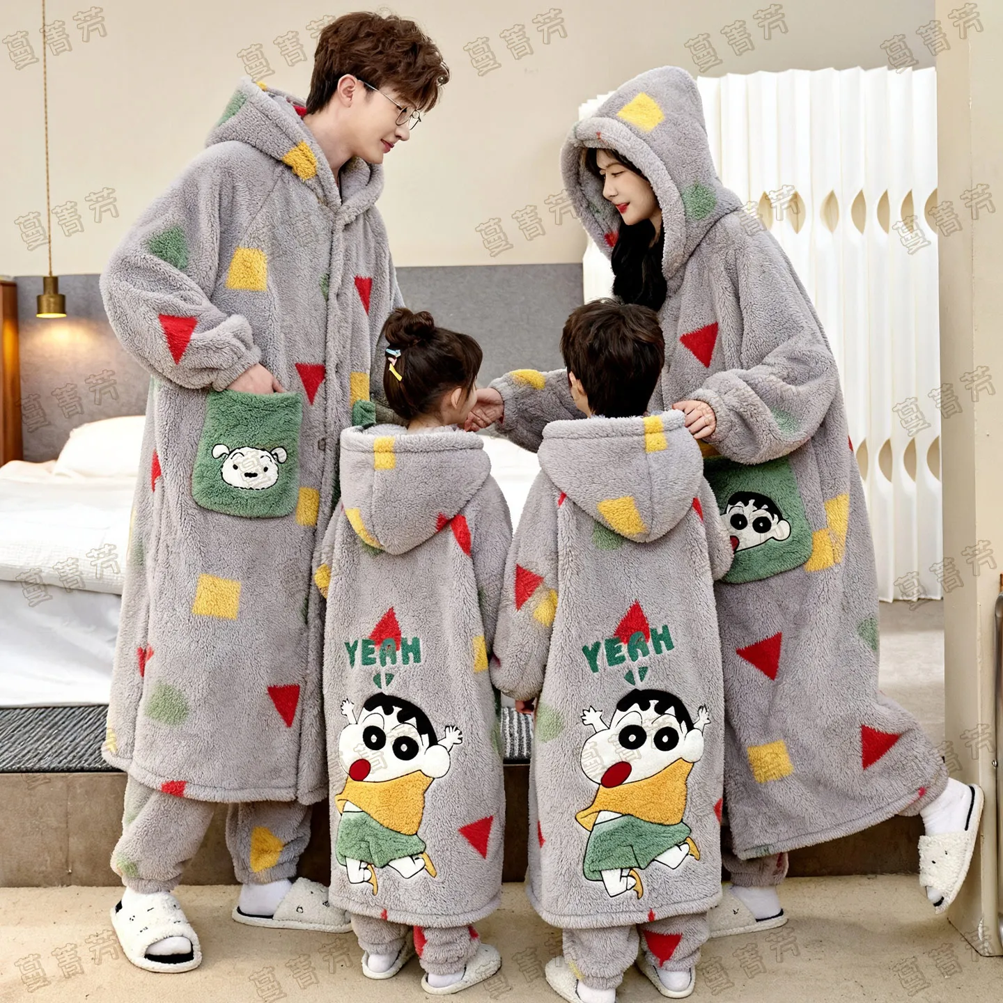 Crayon dos desenhos animados shin-chan pai-filho pijamas coral velo pijamas kawaii anime bordado engrossar roupas de casa pijamas de família