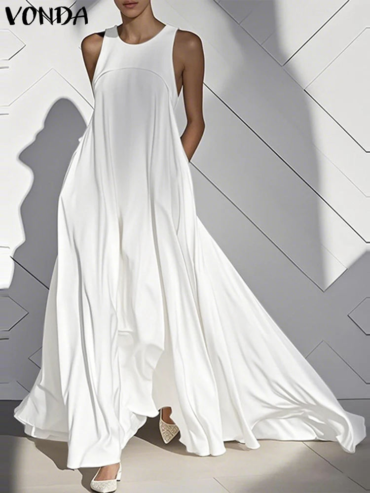 Vonda plus size vestido feminino sólido longo vestido de verão 2025 sexy sem mangas casual babados tanque robe festa maxi vestidos