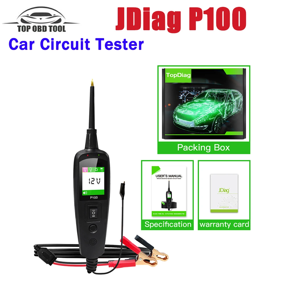 

Jdiag P100 10M 2m Automotive Car Circuit Tester Power Circuit Probe Kit 12-24V Car Voltage/Resistant Tester Auto Diagnostic Tool