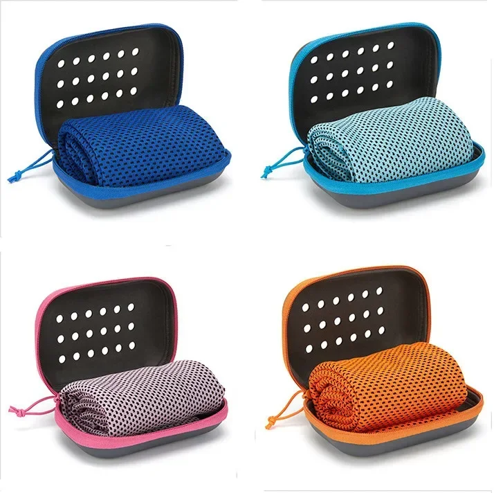 Toalha esportiva de fibra, sensação de frio, manga de silicone, resfriamento comprimido, absorção de suor, secagem rápida, toalha fria 100% poliéster