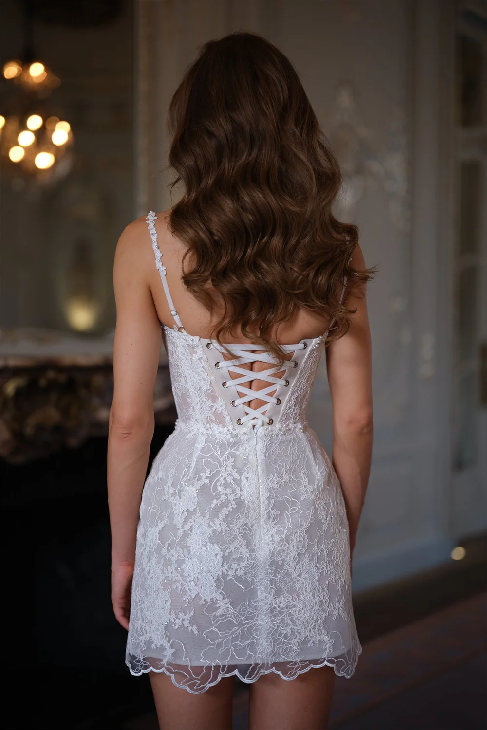 Cathy personnalisé gaine Mini dentelle broderie robes de mariée Spaghetti sangle vestidos de noiva à lacets perles soirée formelle