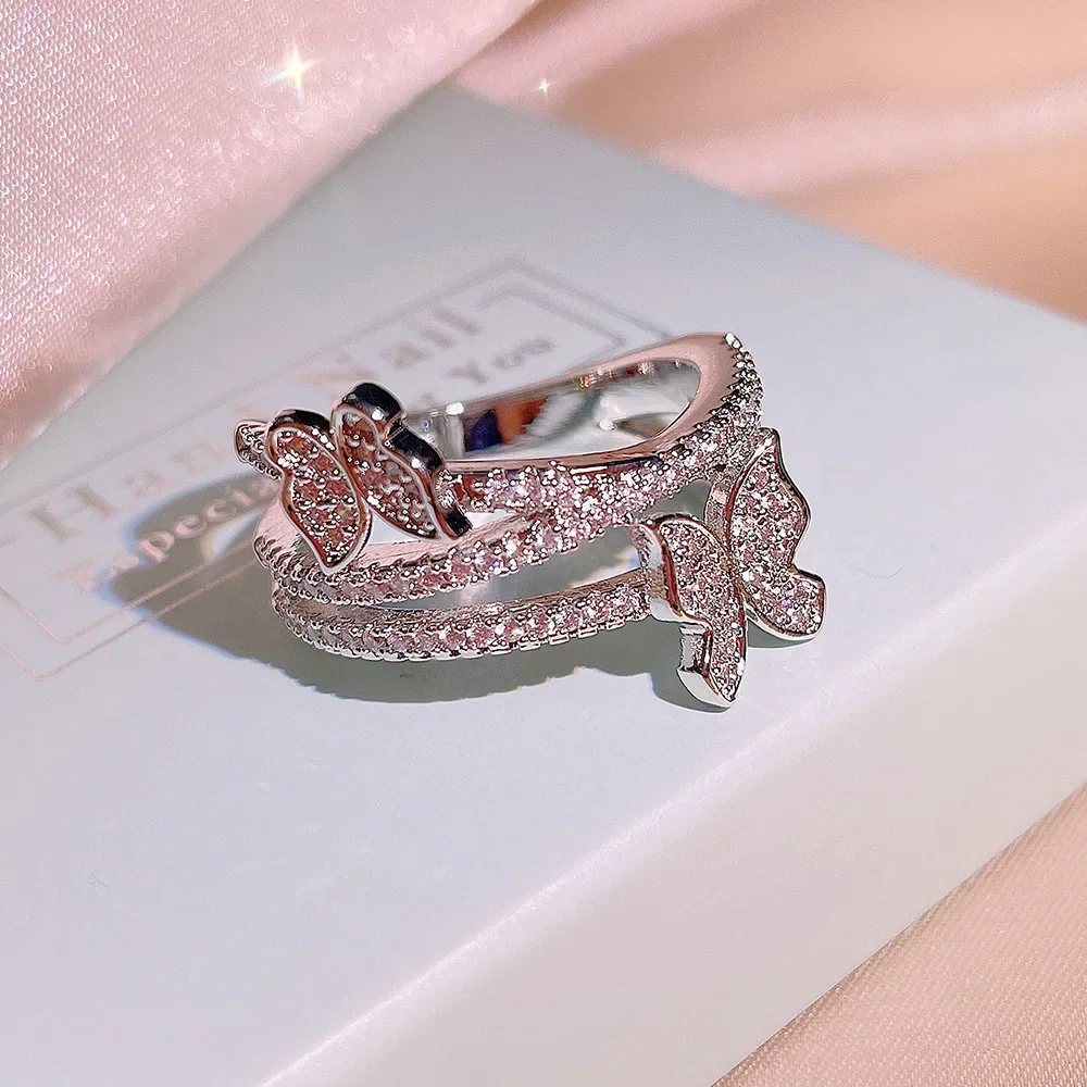 Fashion Female Rings 925 Sterling SIlver Bow Tie Super Flash Zircon Finger Rings for Women Girls Promise Love Wedding Jewelry