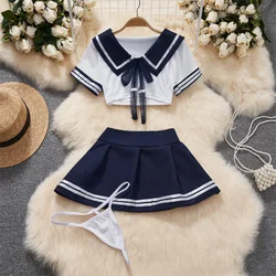 Preppy Sailor Suit Contrast Lace-up Bow Stripe Crop Top Pleat Mini Skirt Sexy Erotic Lingerie Set Women Cosplay Student Youthful