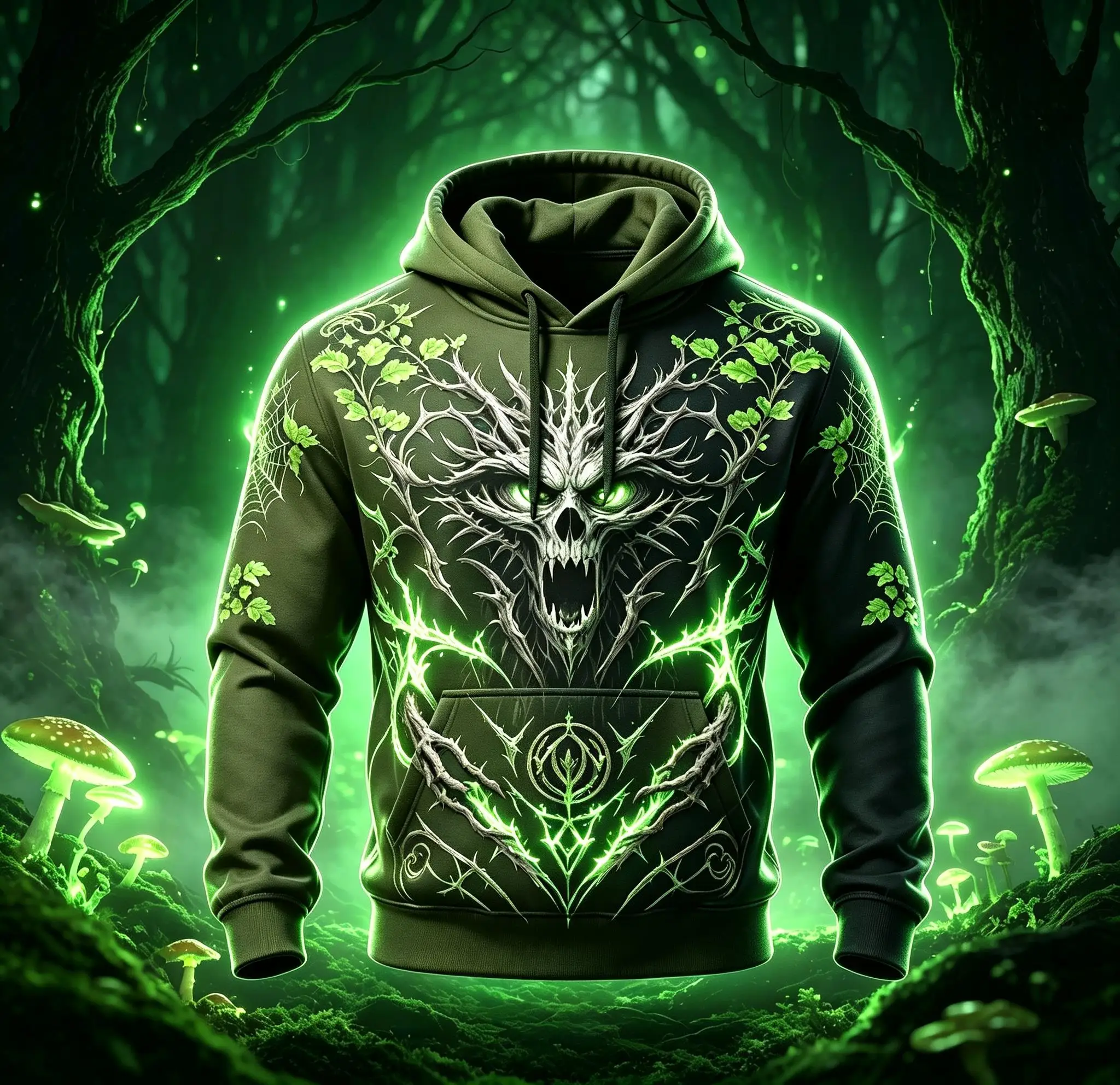 Men Fleece Lined Hoodie Army Green Forest Ent Skull Vine Full Print Drawstring Pullover Sweatshirt