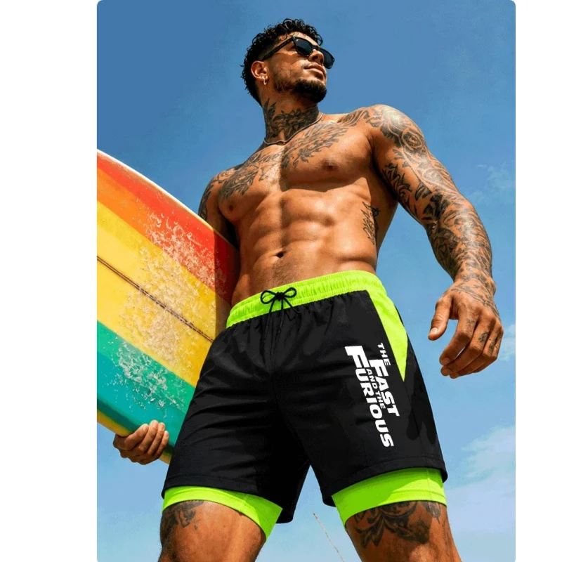 Men'S Double-Layer Quick-Dry Beach Shorts With Letter Print Swimming Trunks For Surfing And Beach Activities